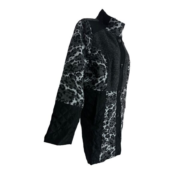 Midnight Velvet Quilted Mixed Media Gray Black Leopard Thigh Length Jacket - Picture 3 of 15